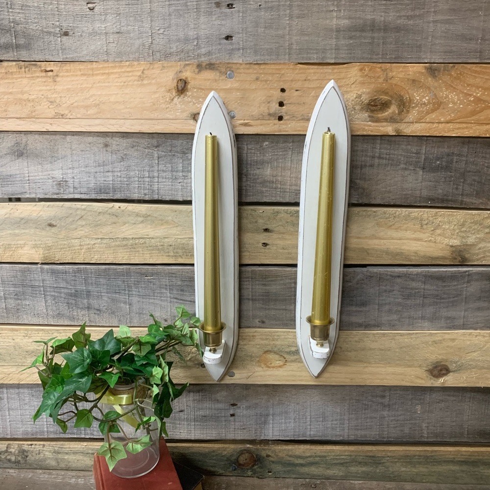 Set of Two Vintage Rustic  Wood and Brass Candle Holders